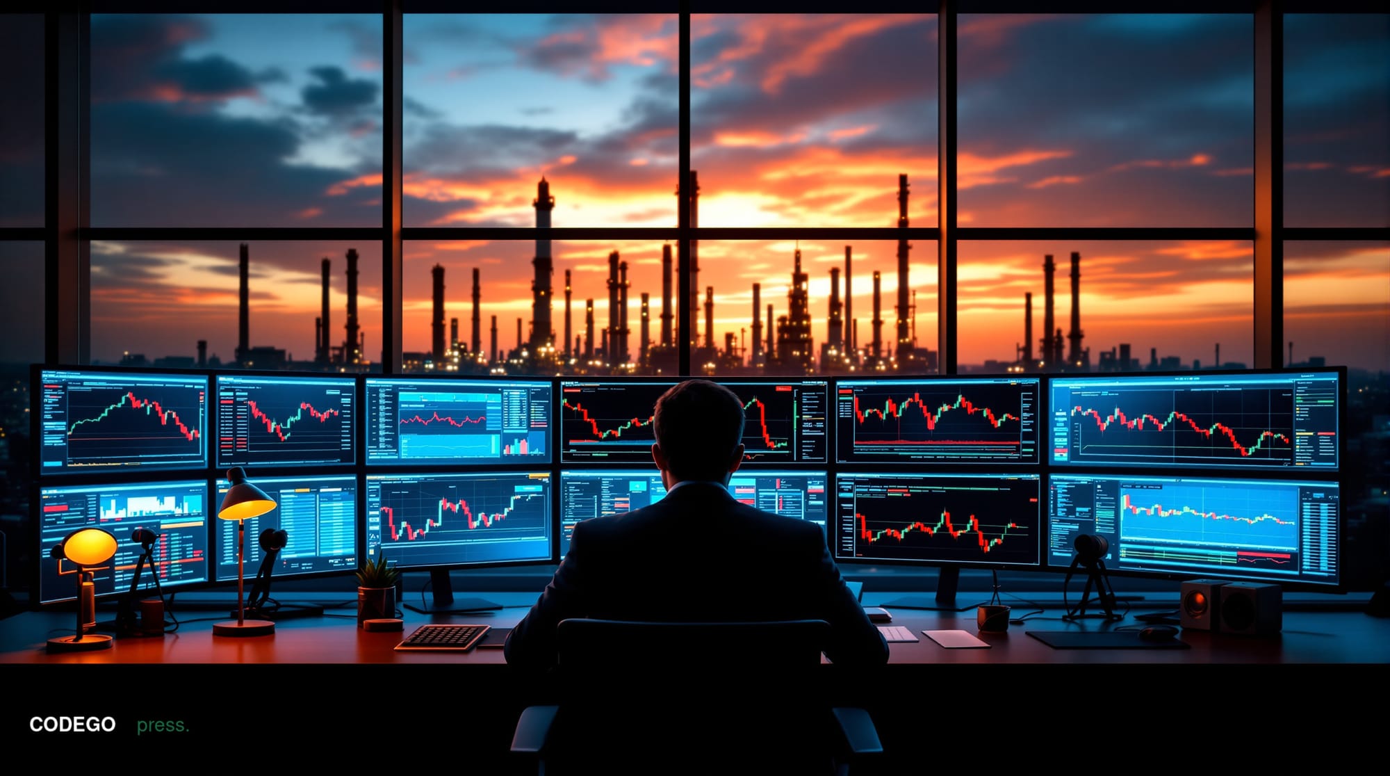 A dramatic photorealistic editorial photograph showing the geopolitical tension's impact on global financial markets. The sce