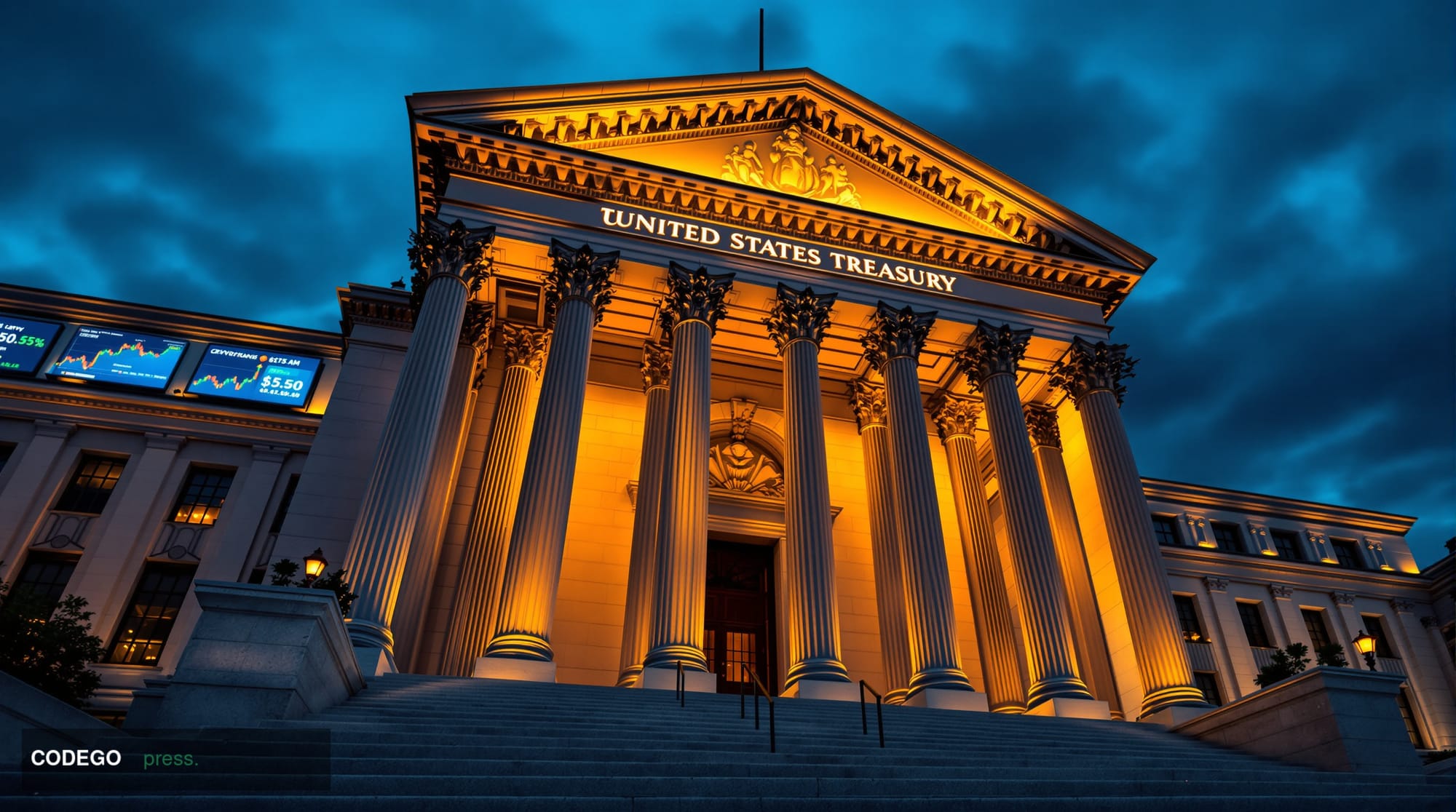 A dramatic wide-angle photograph of the US Treasury Department building in Washington DC at dusk, with its neoclassical colum