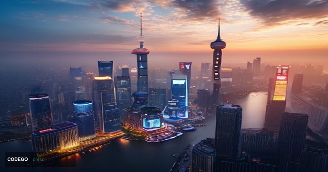A photorealistic editorial photograph showcasing the modern Chinese tech landscape with a dramatic aerial view of Shanghai's 