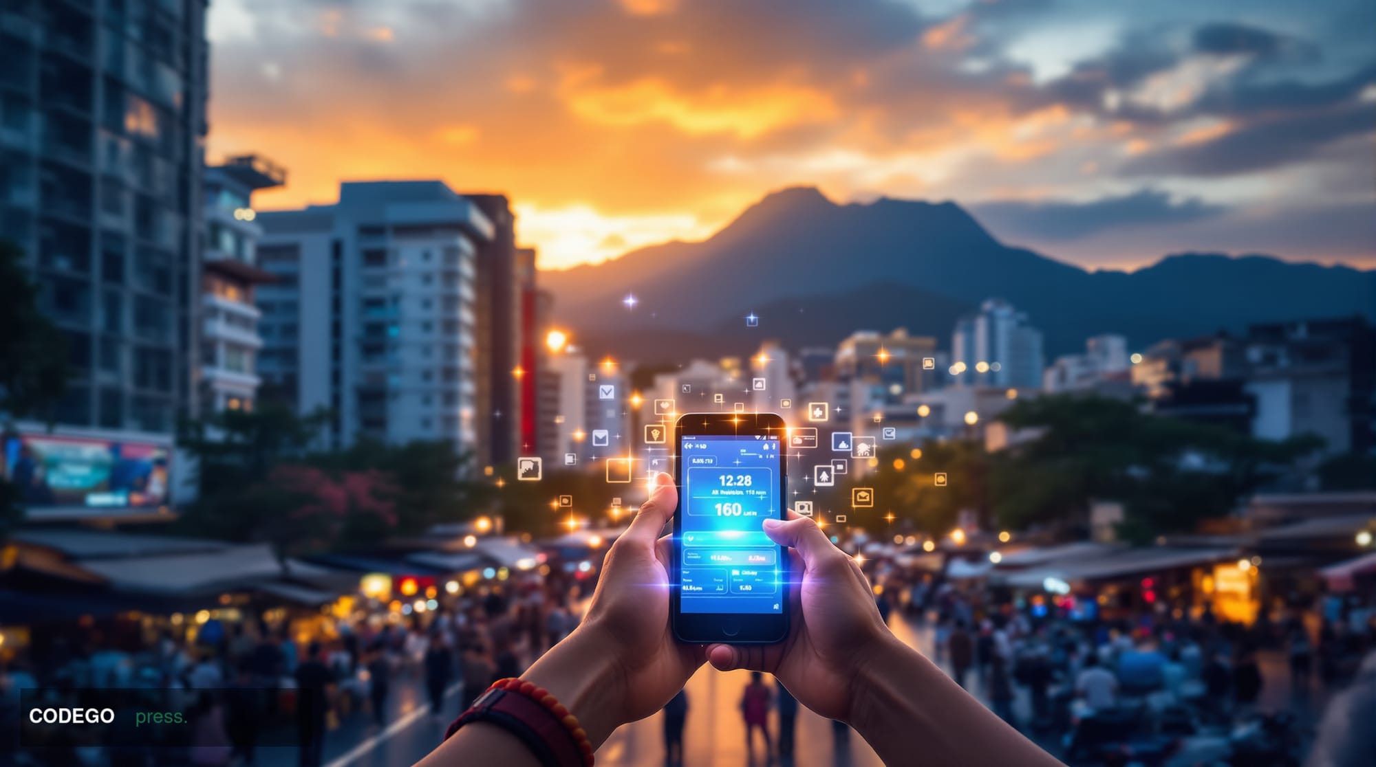 A cinematic editorial photograph capturing Venezuela's economic reality through the lens of digital currency adoption. The sc