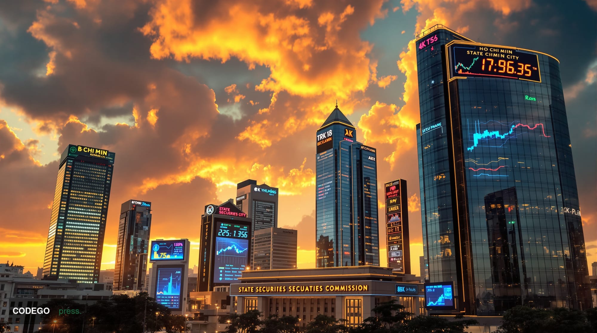 Cinematic editorial photograph of Ho Chi Minh City's modern financial district skyline at golden hour, showcasing Vietnam's g