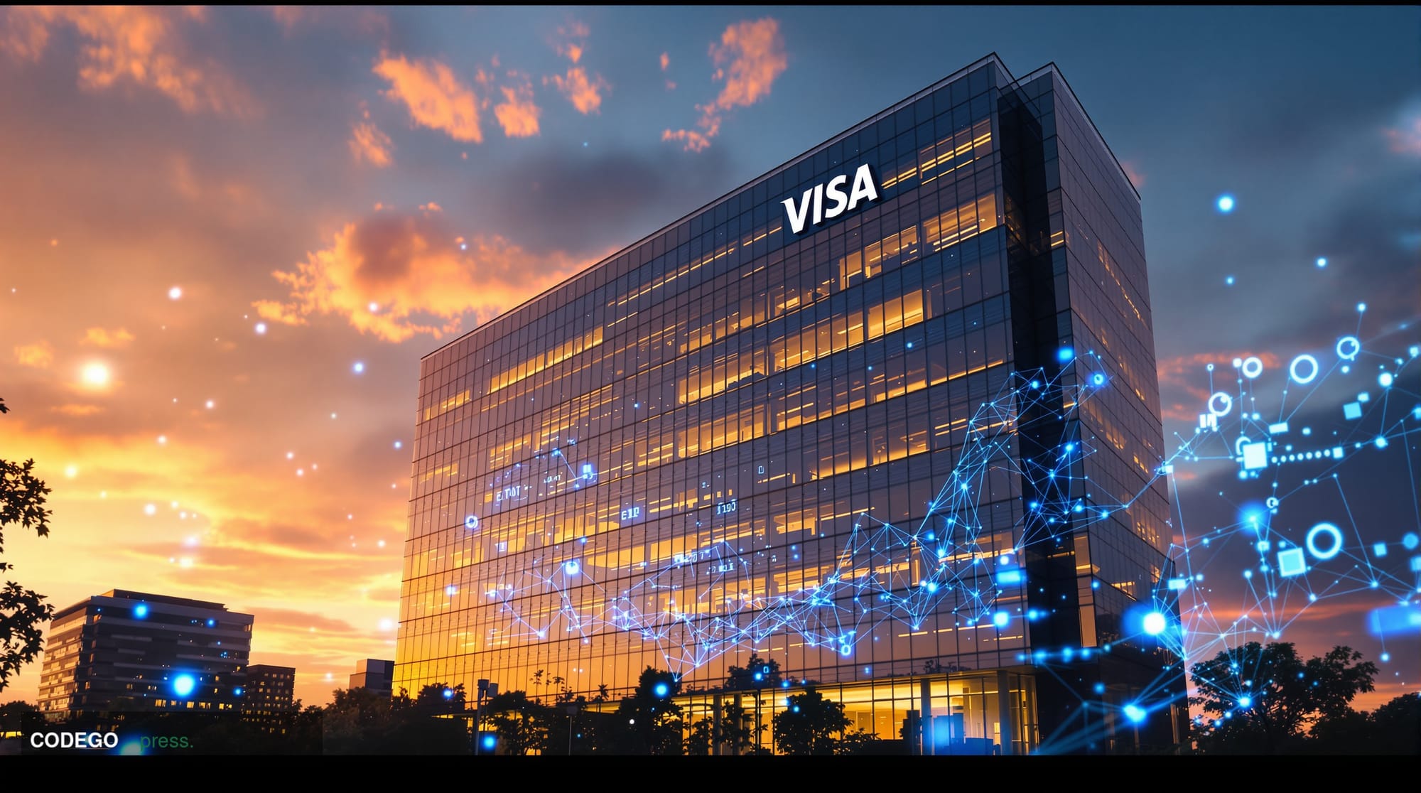 A cinematic editorial photograph showcasing Visa's Foster City, California headquarters complex during golden hour, with the 