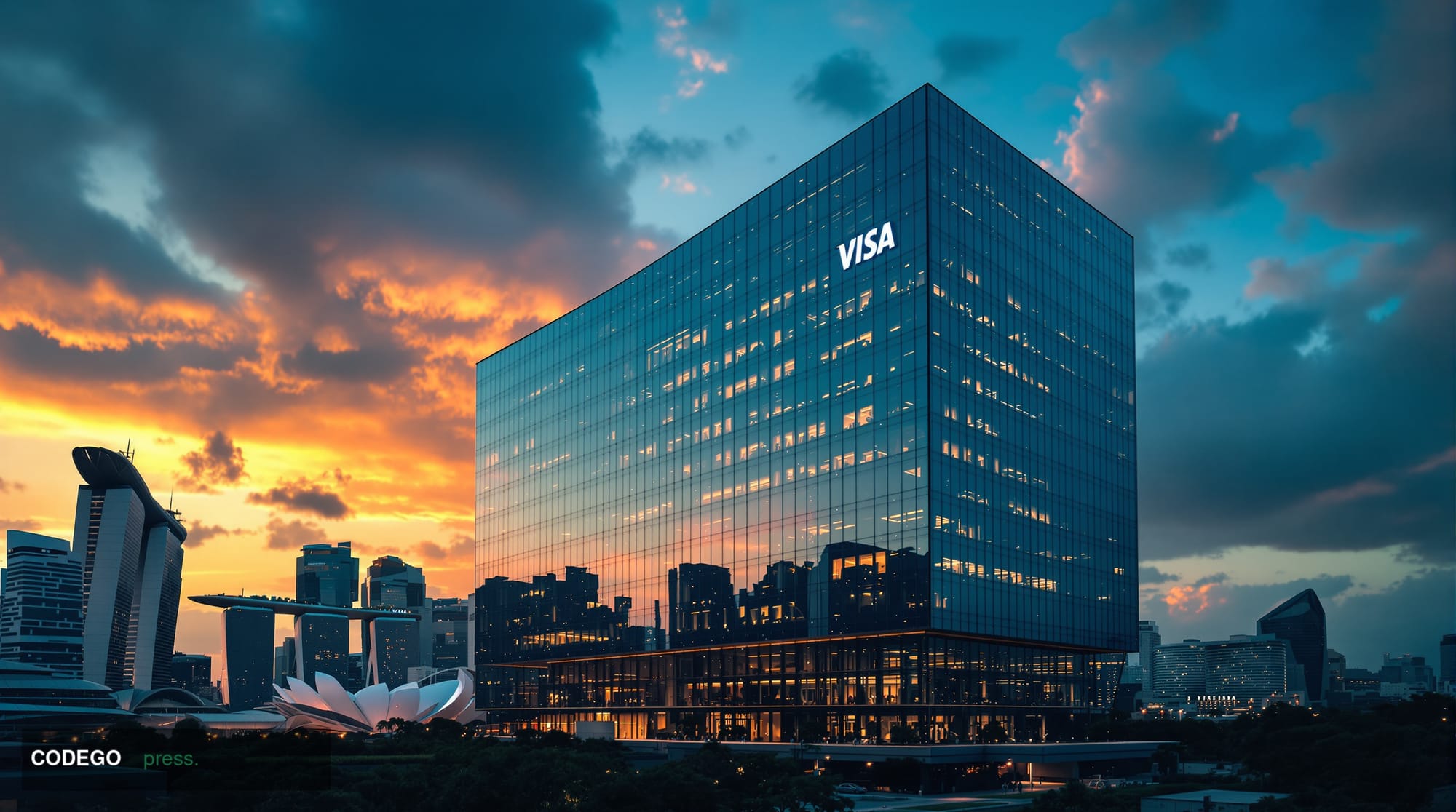A cinematic editorial photograph capturing Visa's Southeast Asian headquarters or regional office building in Singapore's cen