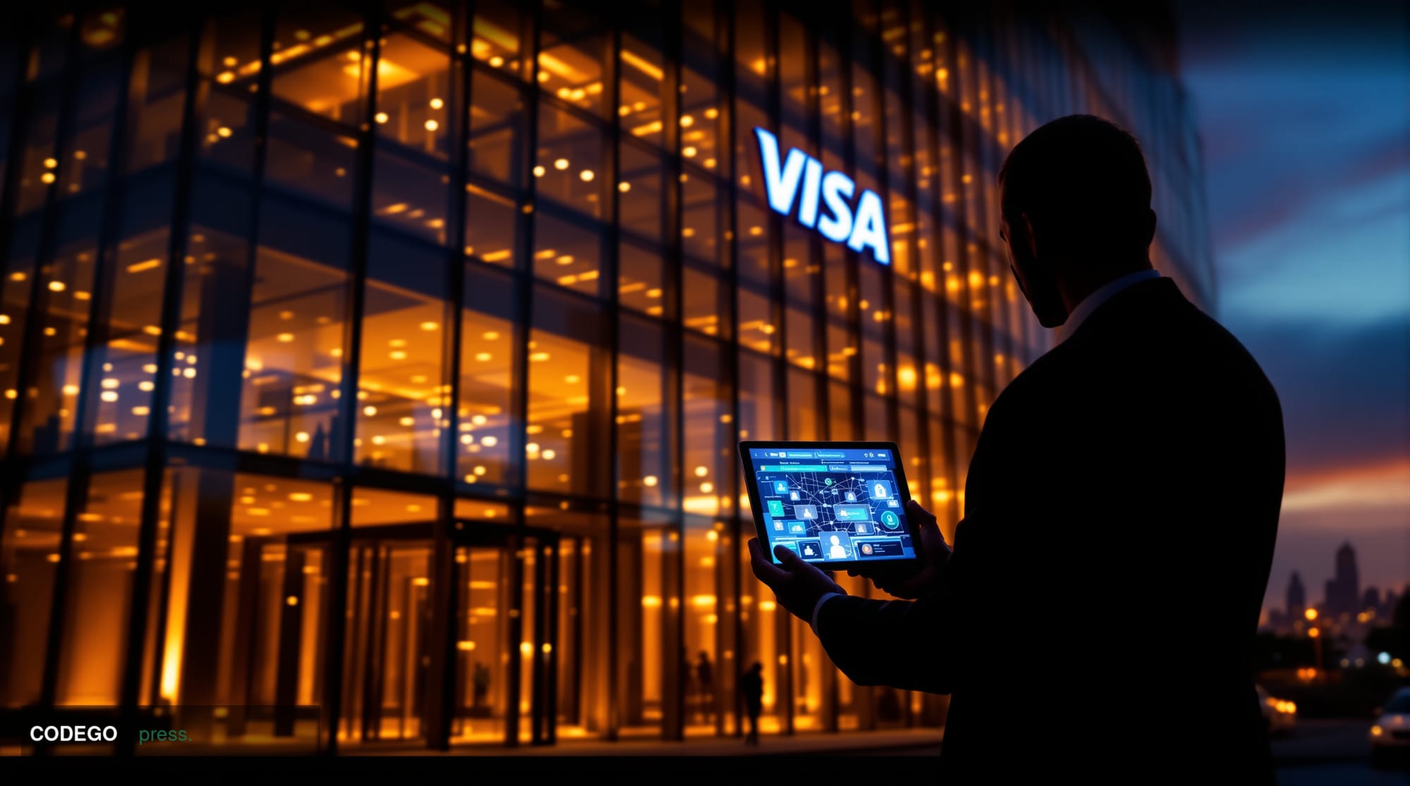 A cinematic editorial photograph of Visa's corporate headquarters in Foster City, California, captured during golden hour wit