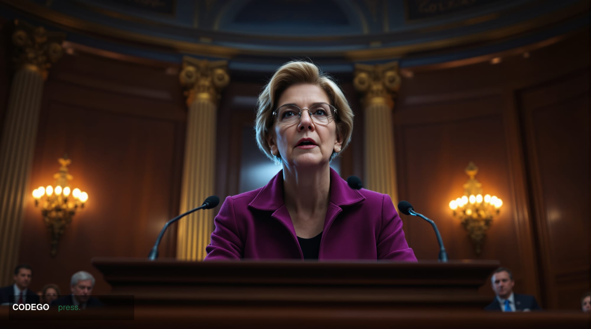 A dramatic editorial photograph capturing Senator Elizabeth Warren at a congressional podium during a hearing, shot from a lo