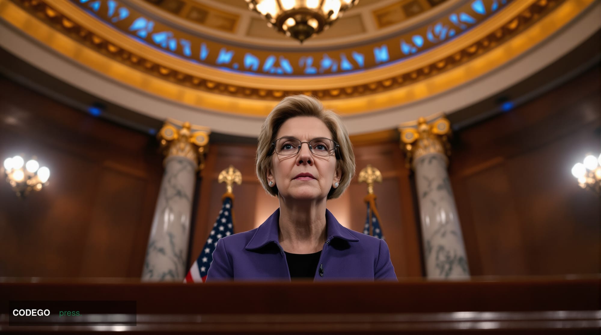 A dramatic photograph of Senator Elizabeth Warren at a Capitol Hill hearing room podium, shot from a low angle to emphasize a