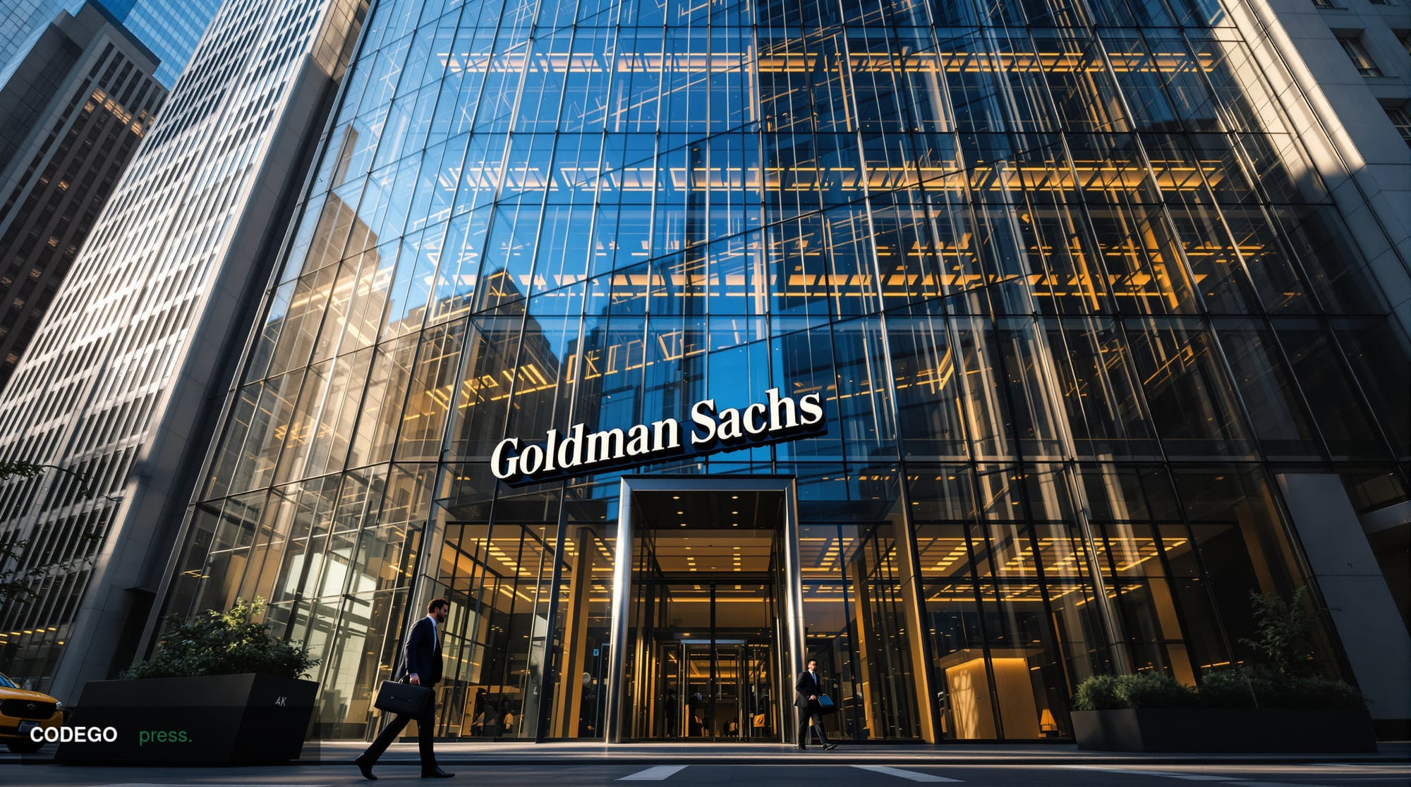 A dramatic photorealistic editorial photograph showing the imposing facade of Goldman Sachs' headquarters at 200 West Street 