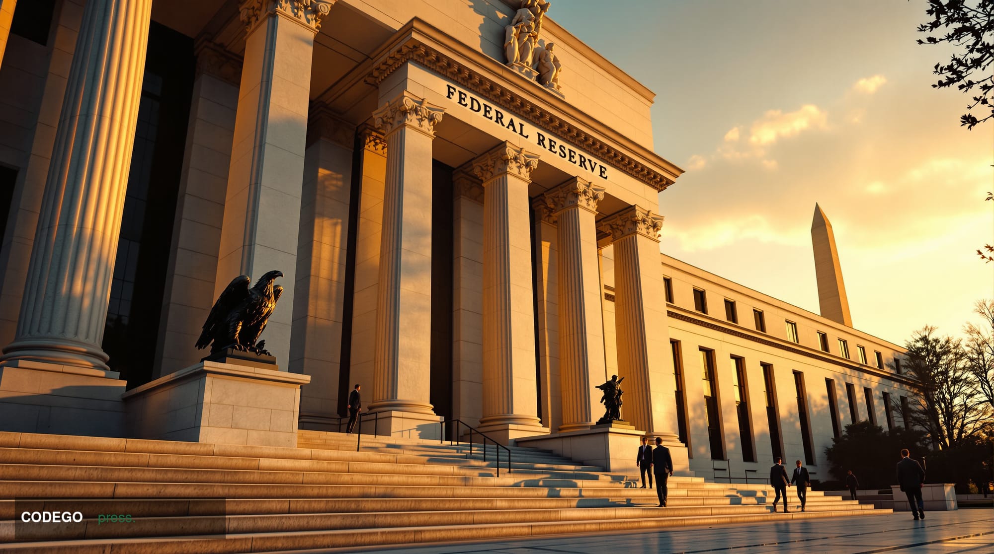 A dramatic photorealistic editorial photograph of the Federal Reserve building in Washington D.C., captured from a low angle 