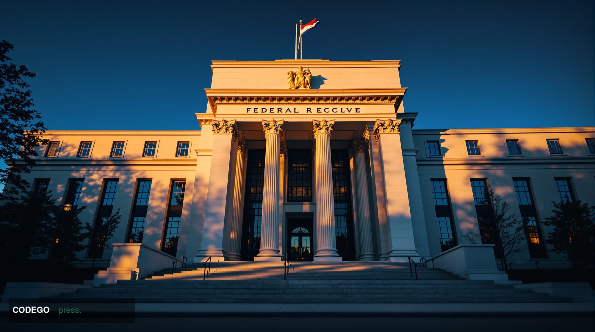A cinematic editorial photograph of the imposing Marriner S. Eccles Federal Reserve Board Building in Washington DC, shot fro