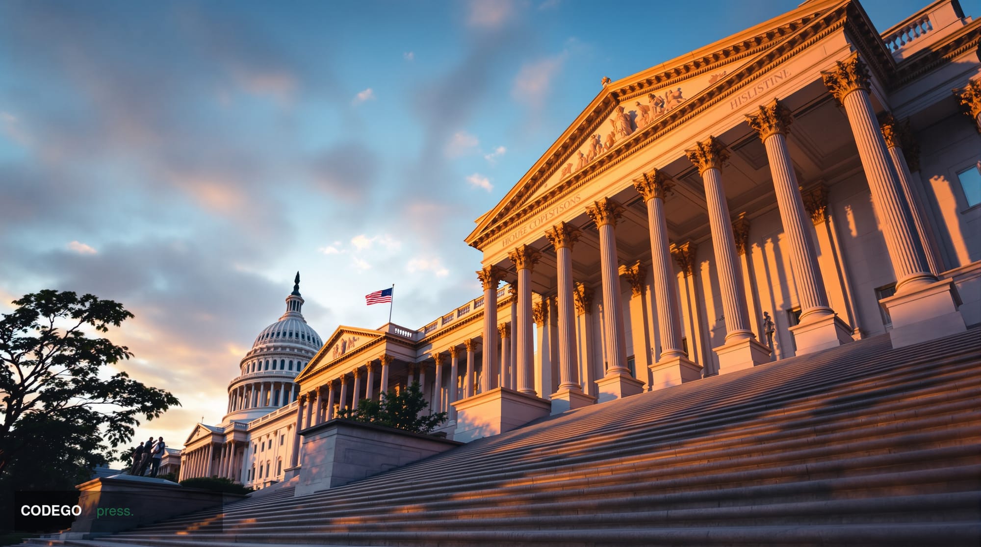 A cinematic editorial photograph capturing the imposing neoclassical facade of the US Capitol building's House of Representat