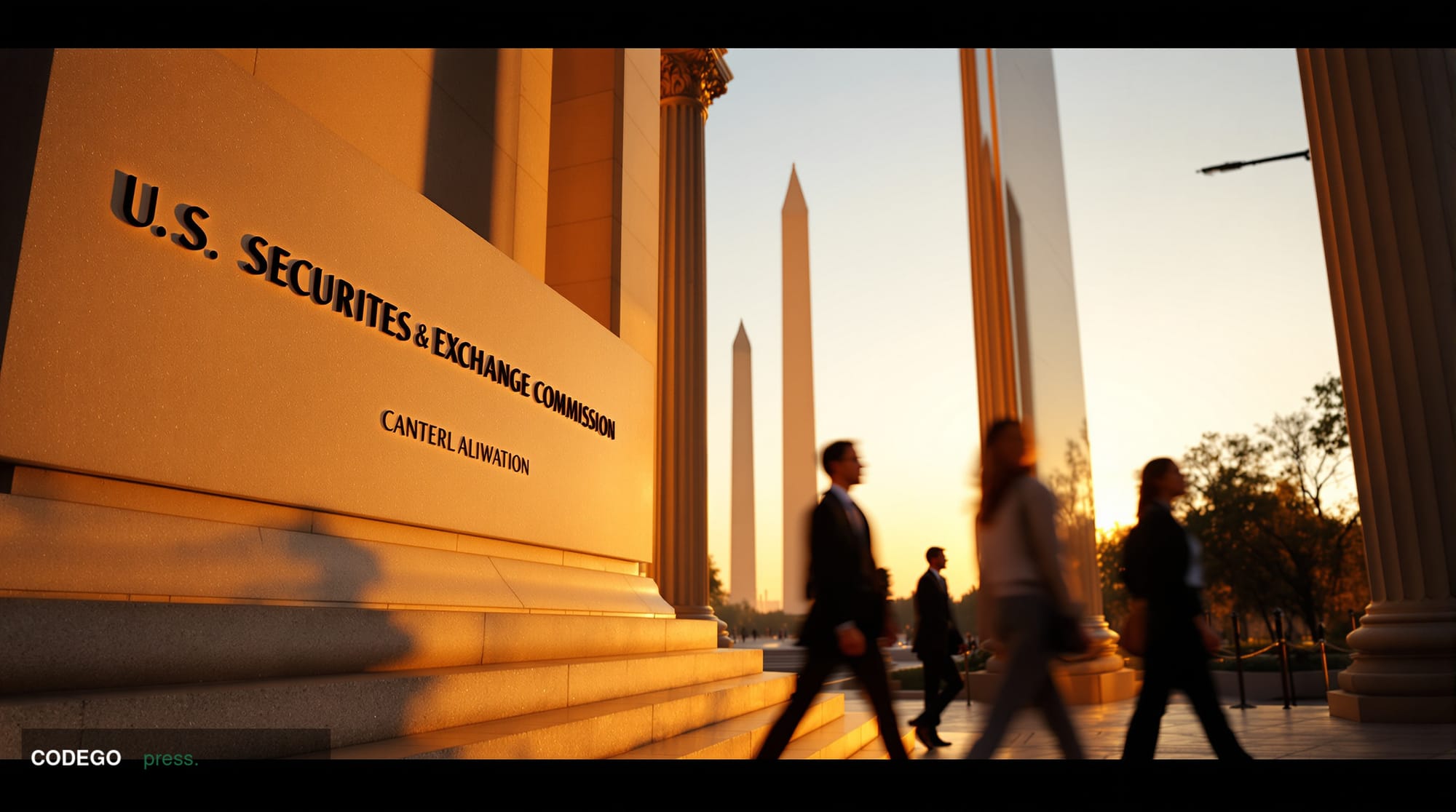 A dramatic editorial photograph showing the imposing facade of the Securities and Exchange Commission headquarters in Washing
