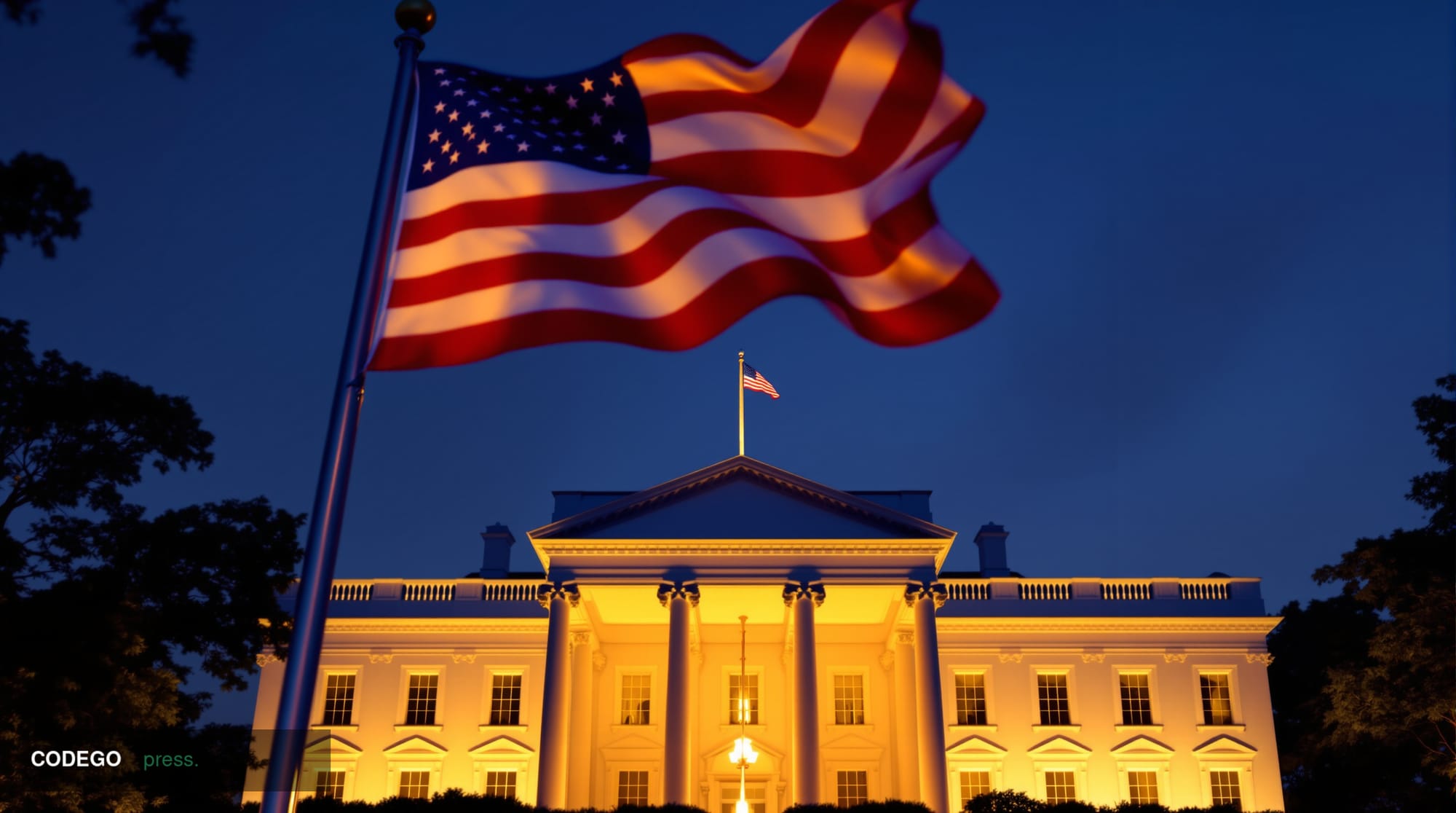 A dramatic photorealistic editorial photograph of the White House South Lawn at golden hour, with the iconic white neoclassic