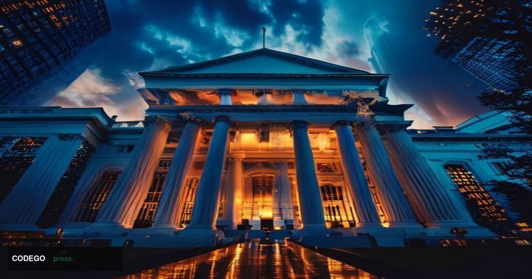 A photorealistic editorial photograph capturing the gravity of federal financial regulation, shot from a low angle looking up