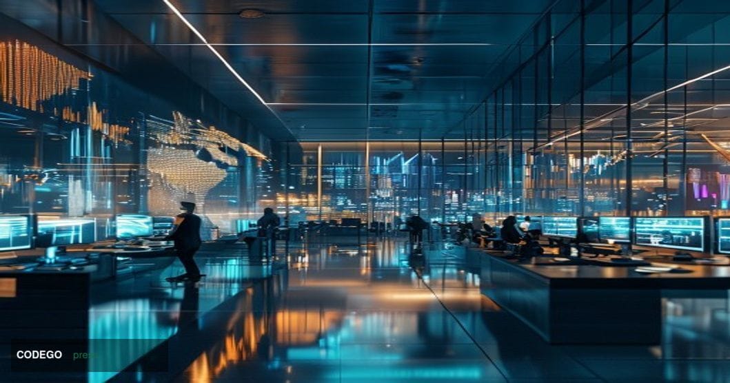 A photorealistic editorial photograph showing Wintermute's modern corporate headquarters or trading floor environment, captur