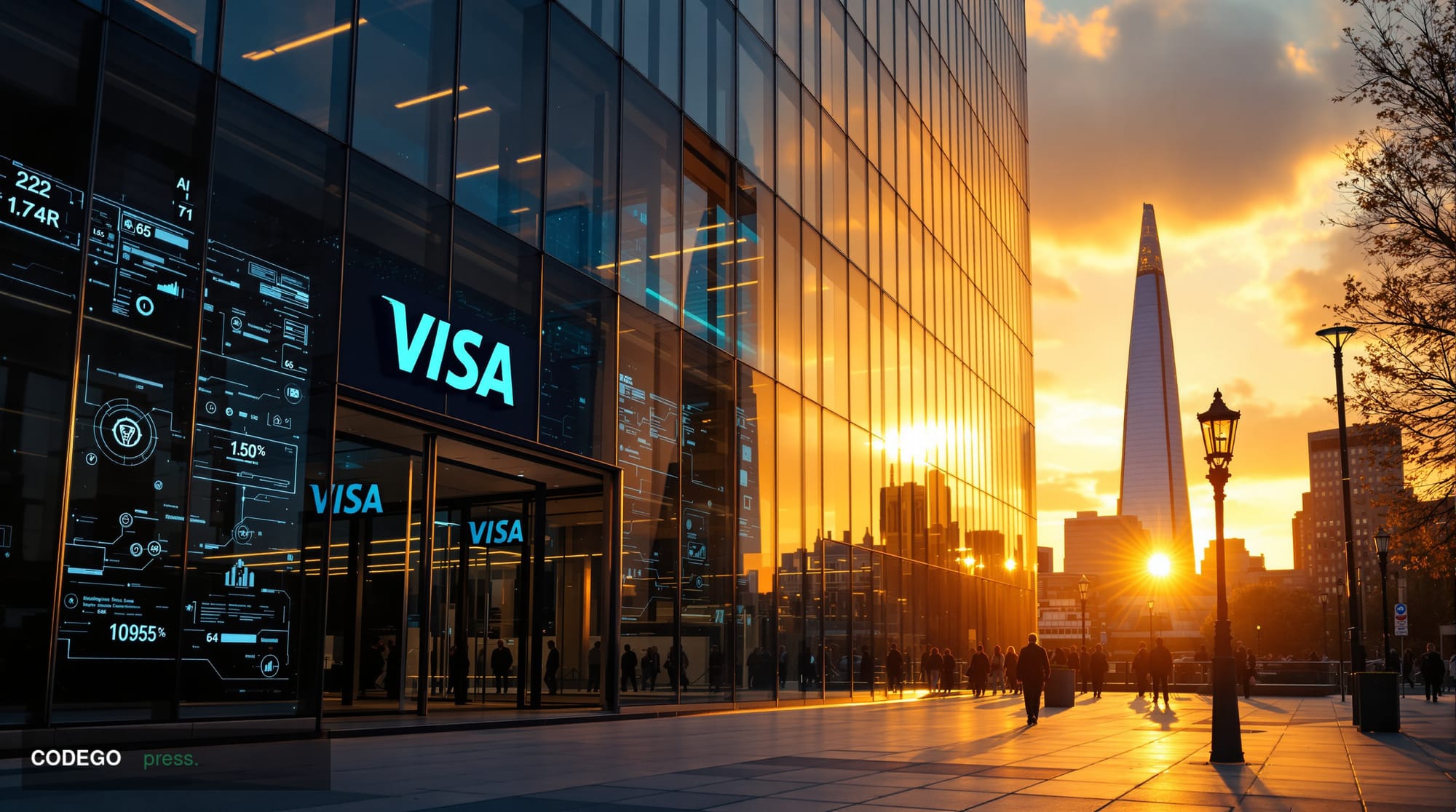 A cinematic editorial photograph showcasing the convergence of traditional payment infrastructure and AI technology in London