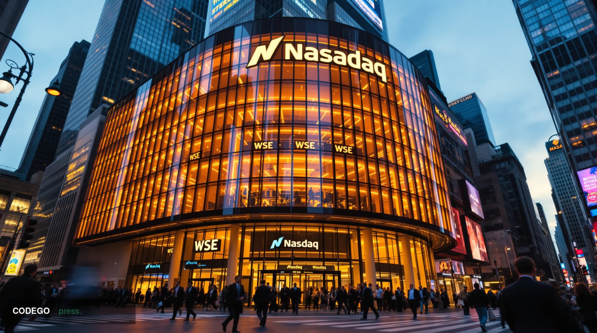 A dramatic wide-angle photograph of the iconic Nasdaq MarketSite building in Times Square, New York, captured during the gold