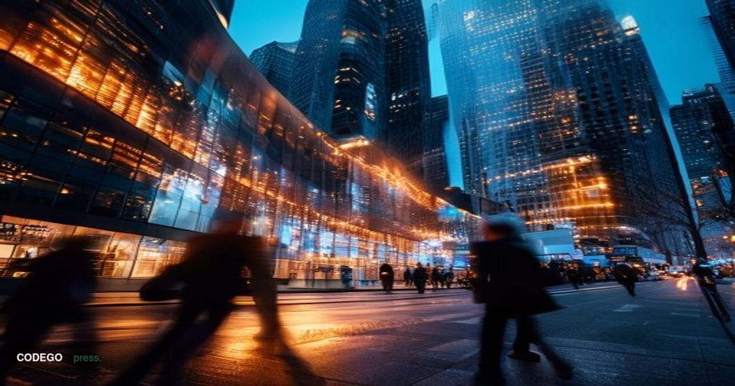 A cinematic editorial photograph capturing the convergence of financial markets, featuring the iconic NASDAQ MarketSite build