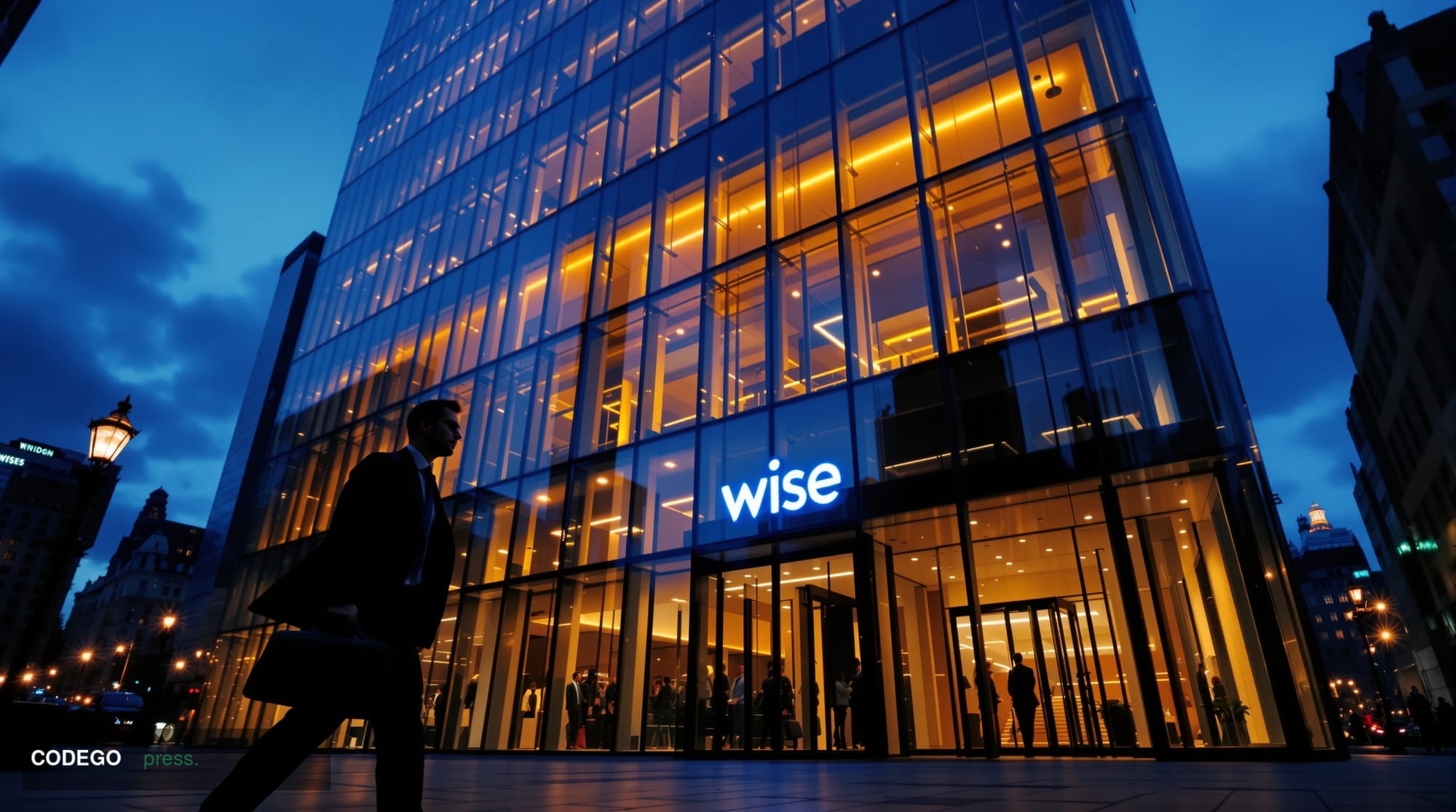 A cinematic editorial photograph of Wise's London headquarters building exterior at dusk, shot from a low angle to emphasize 