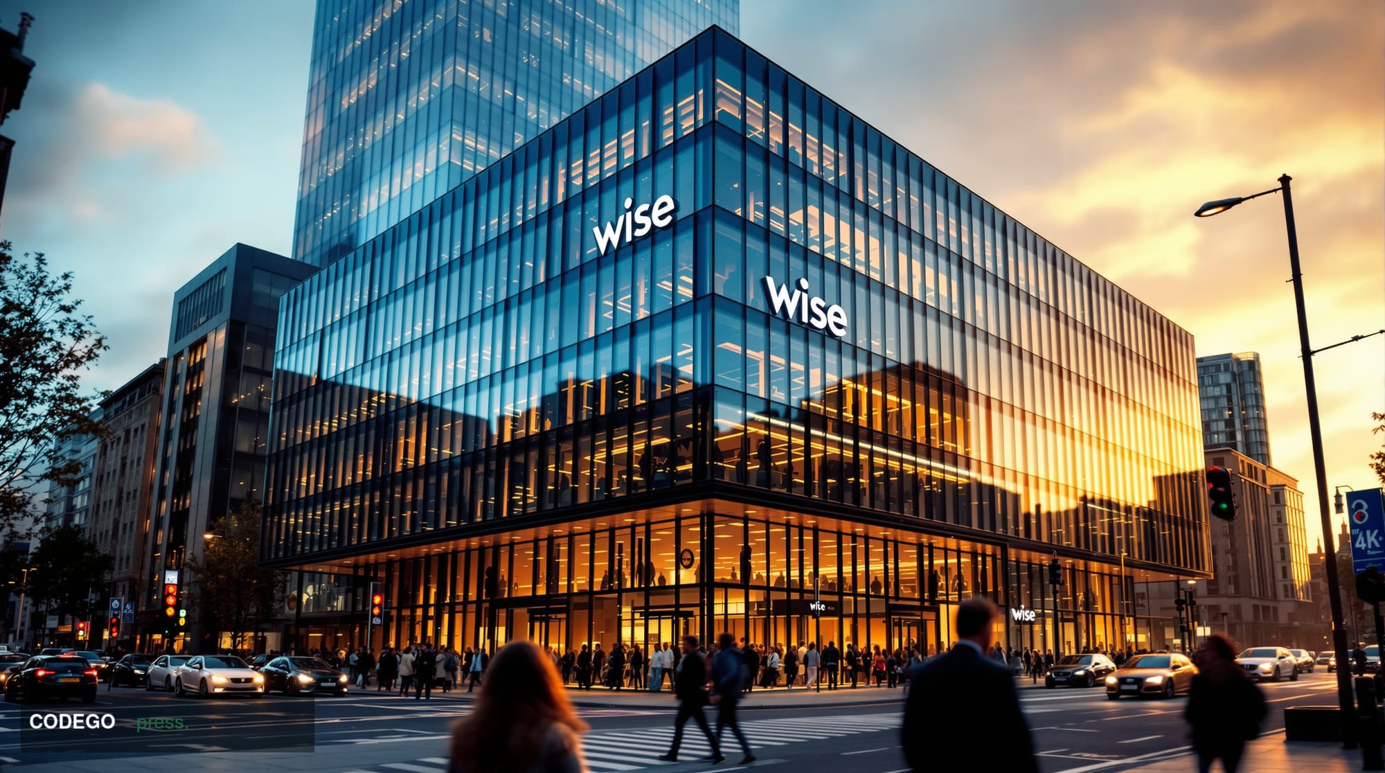 A cinematic editorial photograph of Wise's London headquarters building exterior during golden hour, shot from a low angle to