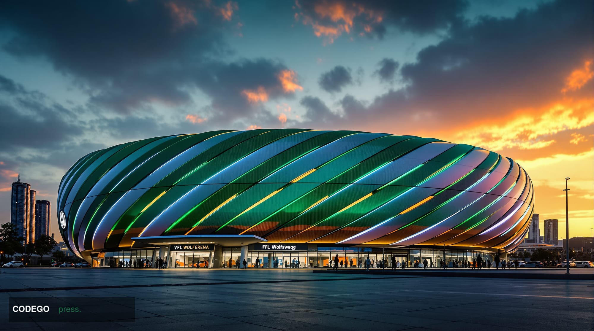A cinematic editorial photograph capturing VfL Wolfsburg's Volkswagen Arena stadium exterior during golden hour, with dramati