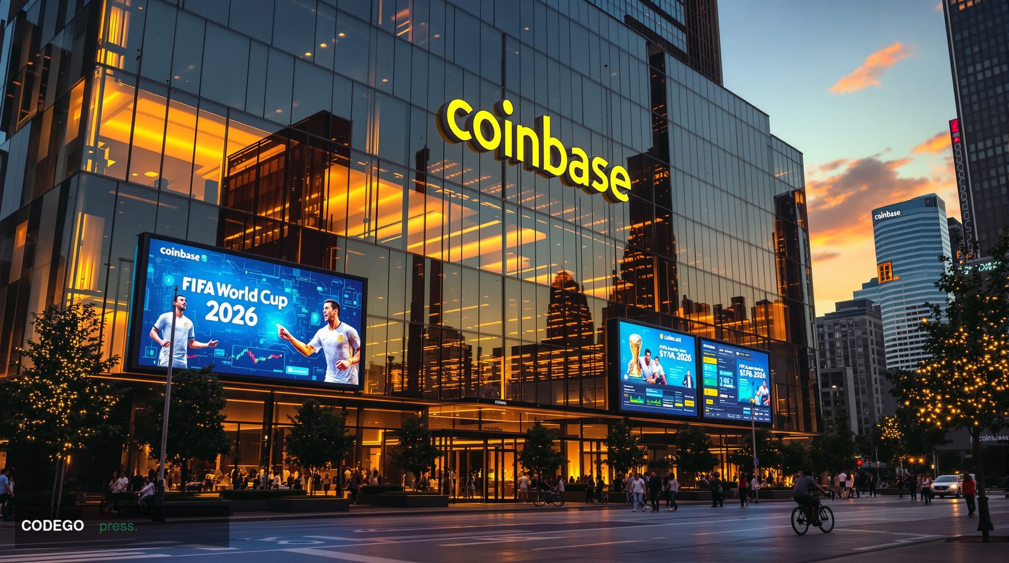 A cinematic editorial photograph showing the iconic Coinbase headquarters building in San Francisco's SOMA district during go