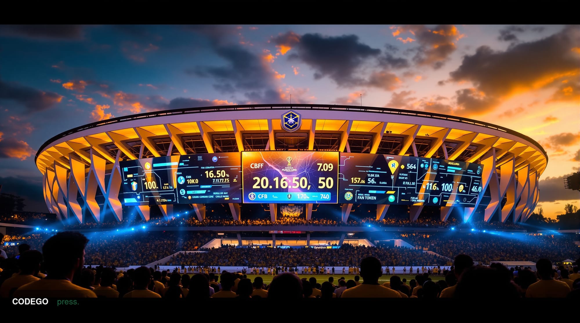 A dramatic wide-angle shot of Brazil's iconic Maracanã Stadium at golden hour, with the distinctive curved architecture bathe