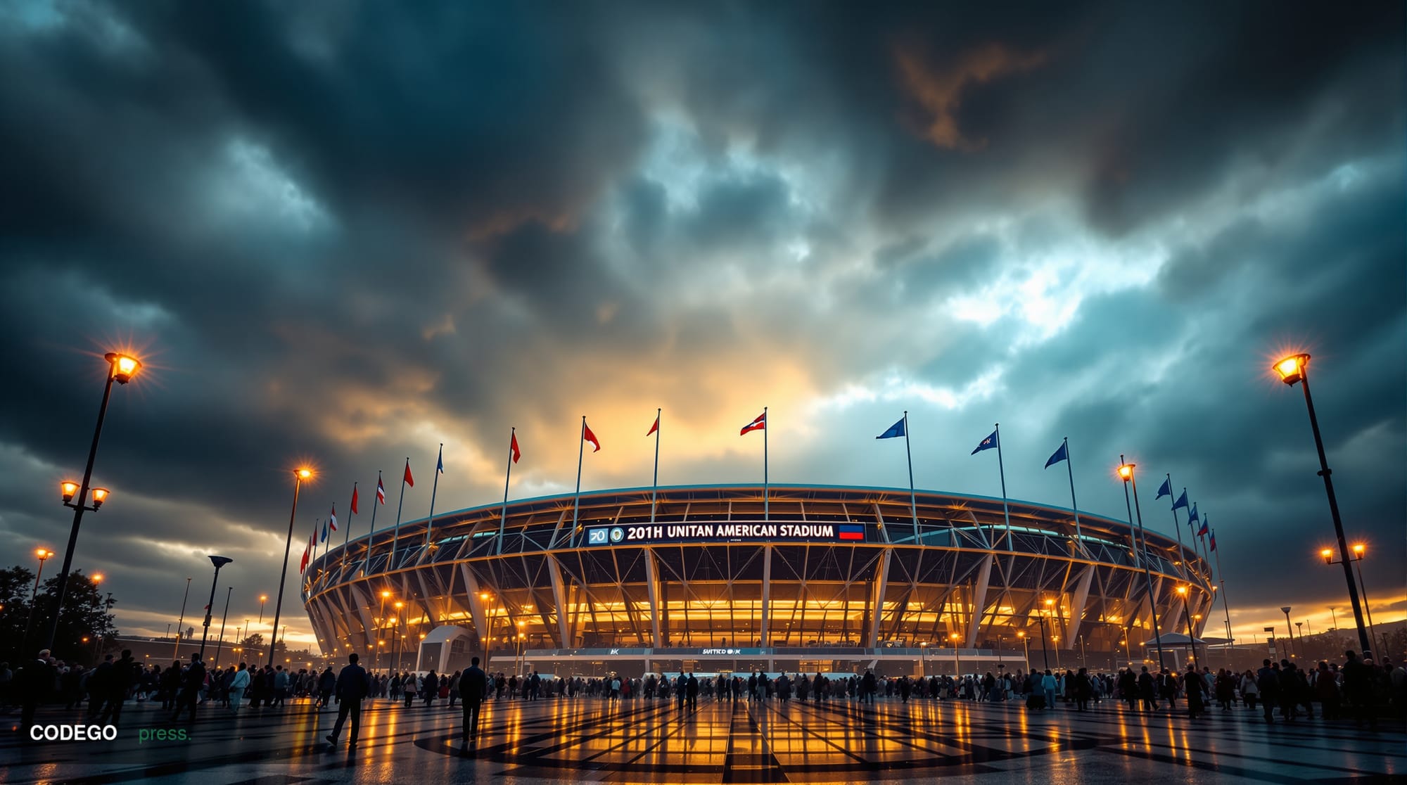A dramatic cinematic editorial photograph showing the exterior of a major North American World Cup stadium during the 2026 to