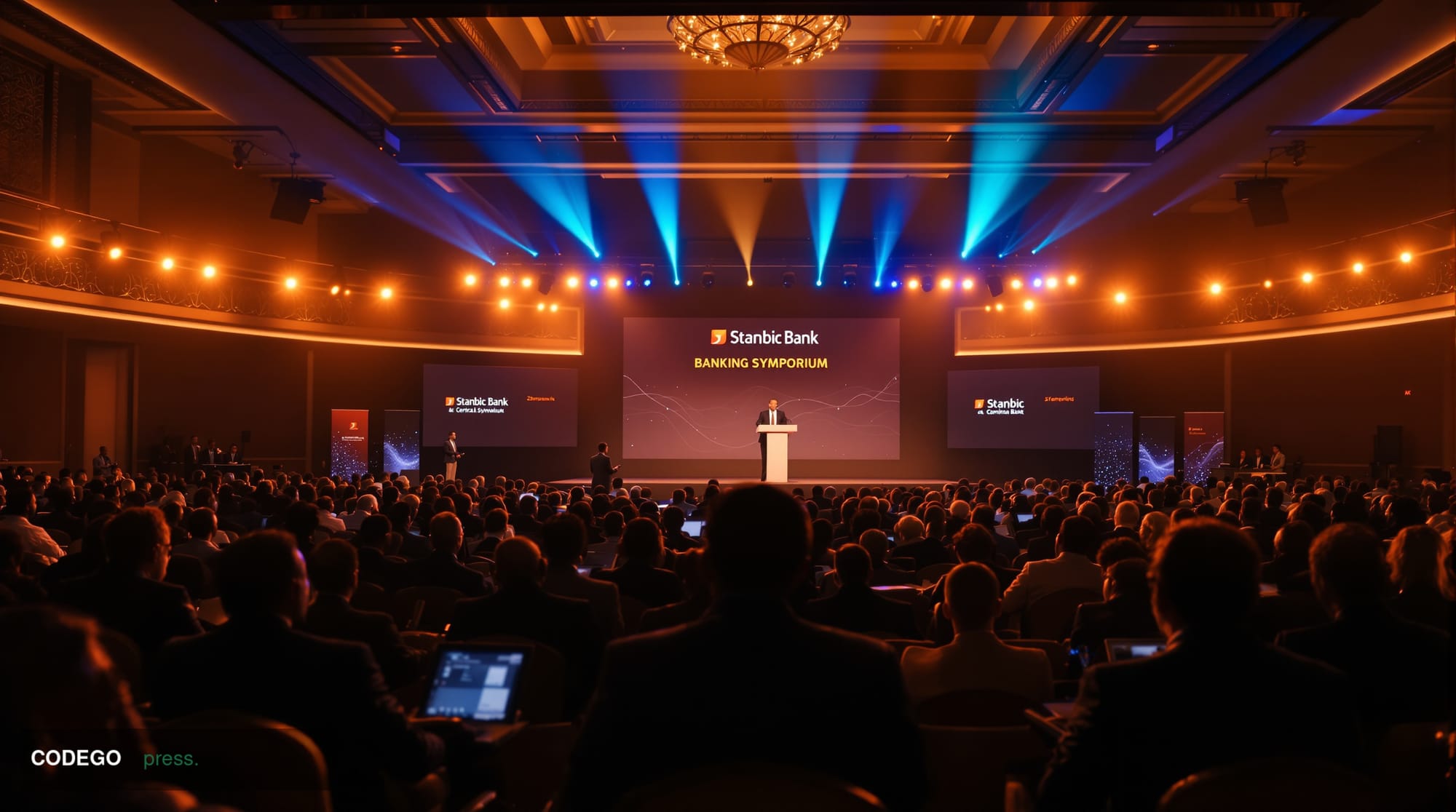 A cinematic editorial photograph capturing the grandeur of a major banking symposium in Lusaka, Zambia. The scene shows a pre