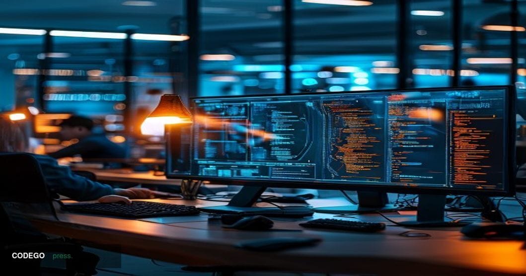 A dramatic photorealistic editorial photograph showing a modern cryptocurrency development office environment with multiple m