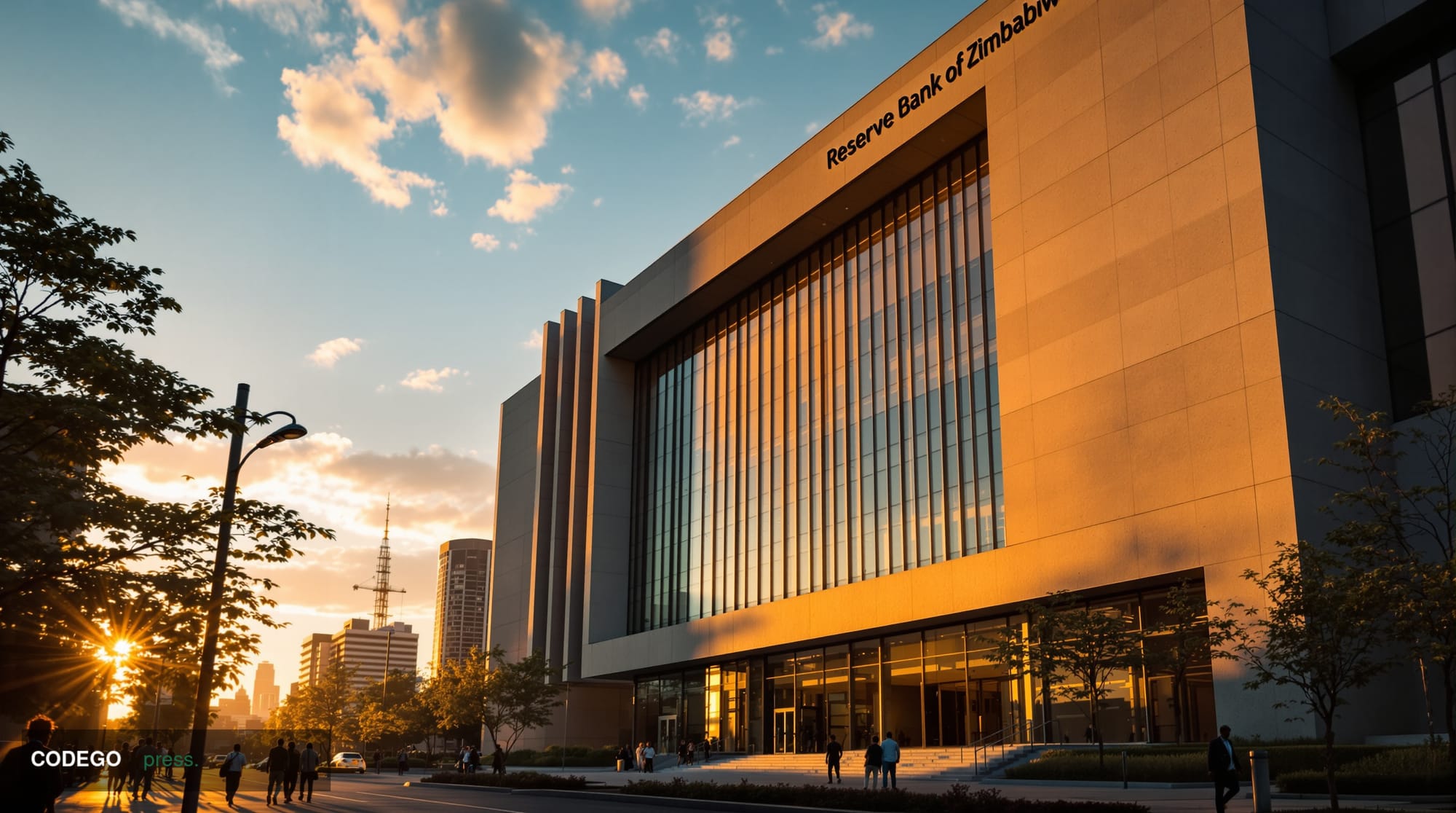 A cinematic editorial photograph of the Reserve Bank of Zimbabwe headquarters building in Harare, captured during golden hour