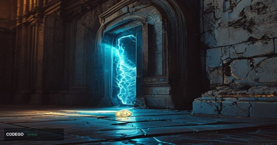 A cinematic editorial photograph showing a crumbling neoclassical vault door, half-open, with cold blue digital light spillin