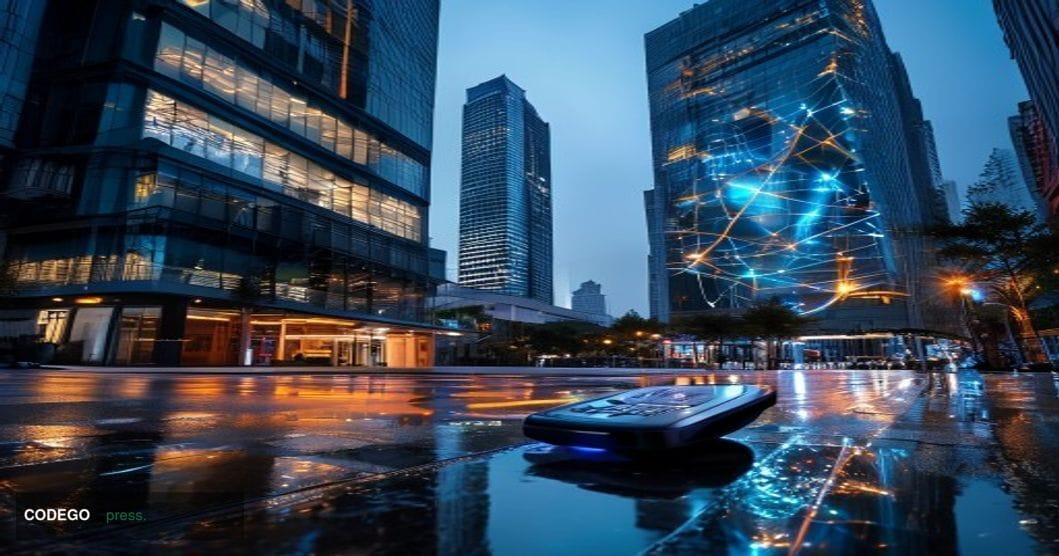 A cinematic editorial photograph set in a modern Vietnamese financial district at dusk, with recognizable Hanoi or Ho Chi Min