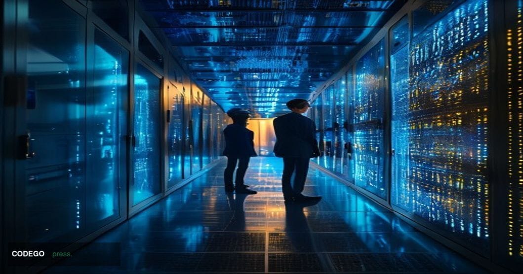 A dramatic cinematic editorial photograph set inside a high-security financial institution's server vault, with rows of glowi