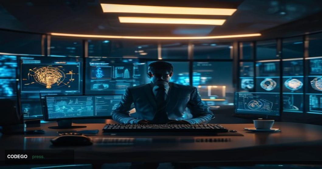 A cinematic editorial photograph set inside a sleek, near-future financial operations center, where a single suited male anal