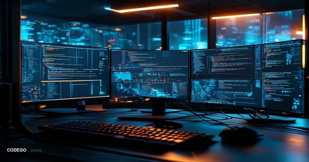A cinematic editorial photograph of a developer's high-end workstation in a sleek, dimly lit modern tech studio, with multipl