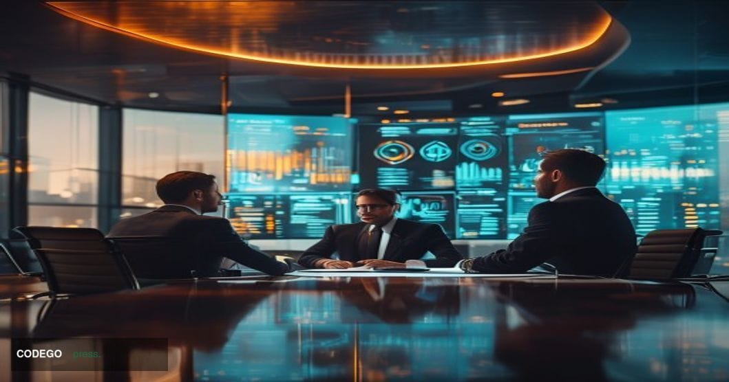 A cinematic editorial photograph set inside a sleek modern insurance brokerage office, shot from a low angle looking up towar
