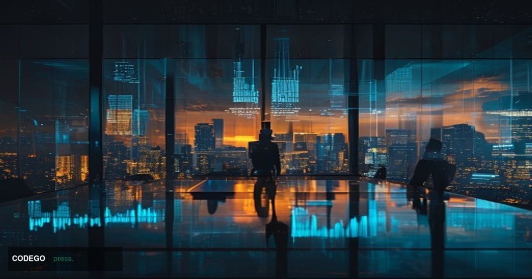 A cinematic editorial photograph of a gleaming modern venture capital boardroom in San Francisco's Financial District, shot f