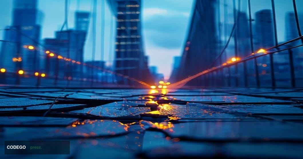 A cinematic editorial photograph depicting a broken or severed digital bridge structure rendered in physical form — a sleek g