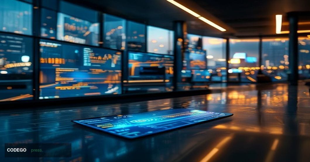 A cinematic editorial photograph set inside a sleek, modern corporate finance operations center, with large curved monitors d