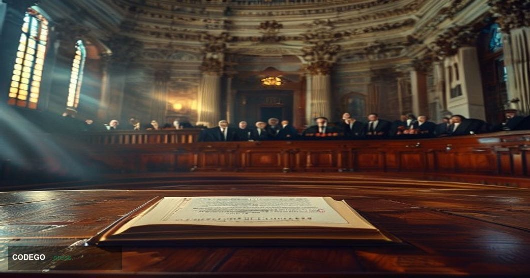 A cinematic editorial photograph set inside a grand, marble-floored congressional hearing room on Capitol Hill, Washington D.