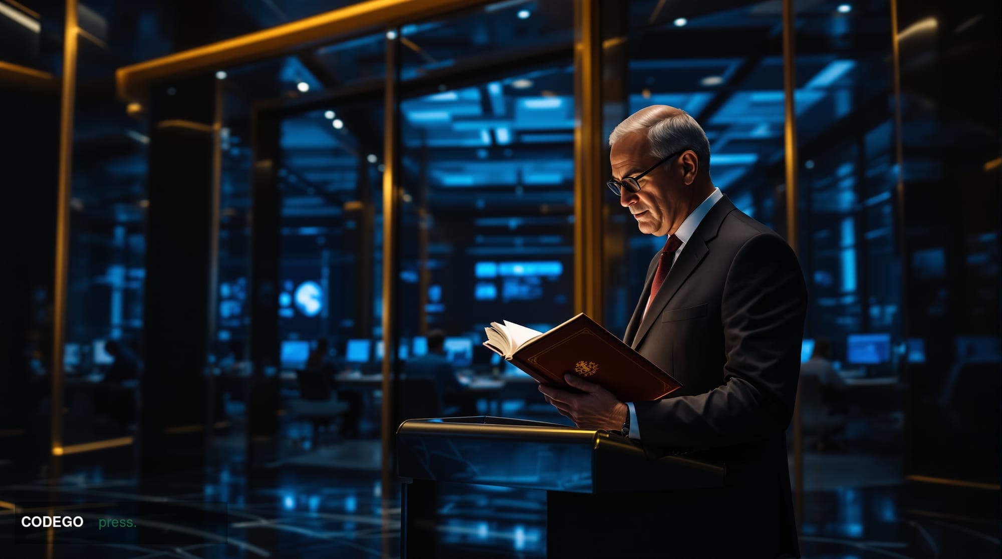 A cinematic editorial photograph set inside a formal European regulatory institution — marble corridors and glass-paneled con