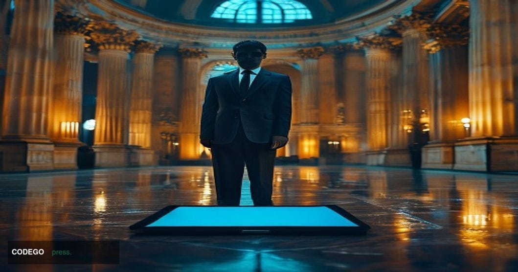 A dramatic cinematic editorial photograph set inside a grand Federal Reserve bank building interior, with classical stone col