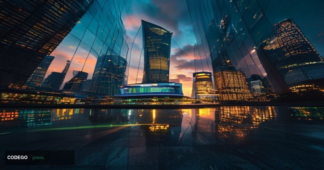Cinematic editorial photograph of Singapore's Marina Bay financial district at dusk, shot from a low angle looking up through
