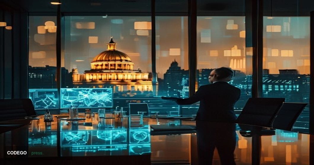 A cinematic editorial photograph set inside a sleek, modern regulatory technology office in London, with the iconic dome of S
