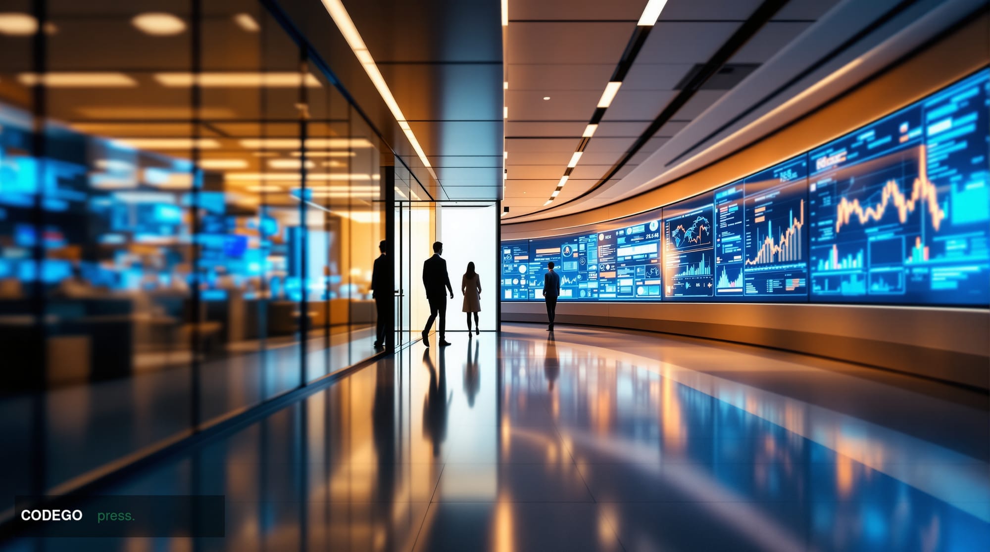 A dramatic split-composition editorial photograph set in a sleek Silicon Valley corporate corridor. On the left side, a blurr