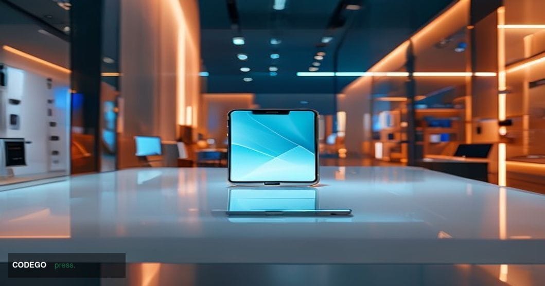 A cinematic editorial photograph set inside a sleek Apple retail store environment, with warm amber overhead lighting illumin