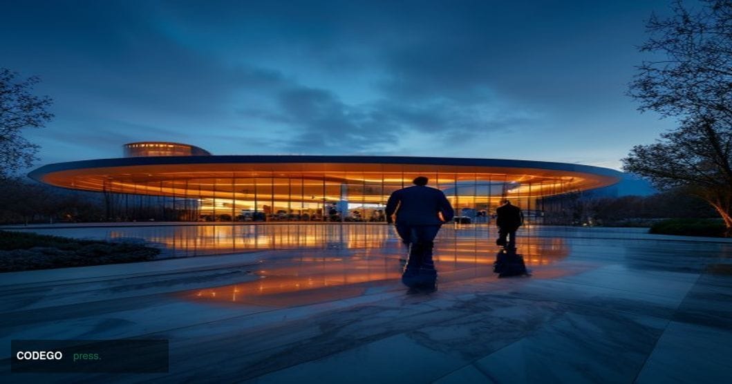A dramatic cinematic editorial photograph of Apple's iconic glass-and-steel headquarters at Apple Park in Cupertino, Californ
