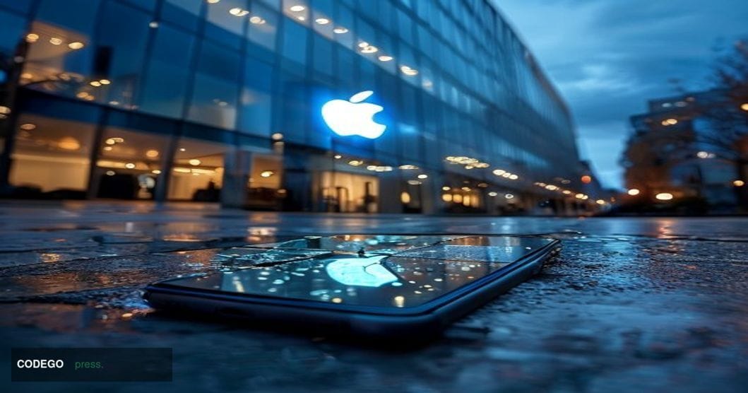 A cinematic editorial photograph shot from a low angle looking up at Apple's iconic glass-and-steel retail flagship store ent