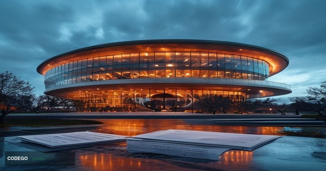 A cinematic editorial photograph taken from a low angle looking up at Apple's iconic circular spaceship campus in Cupertino, 