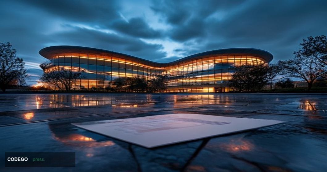 A cinematic editorial photograph taken at ground level looking up at Apple's iconic circular spaceship campus in Cupertino, C